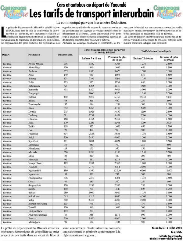 TARIF TRANSPORT AU CAMEROUN